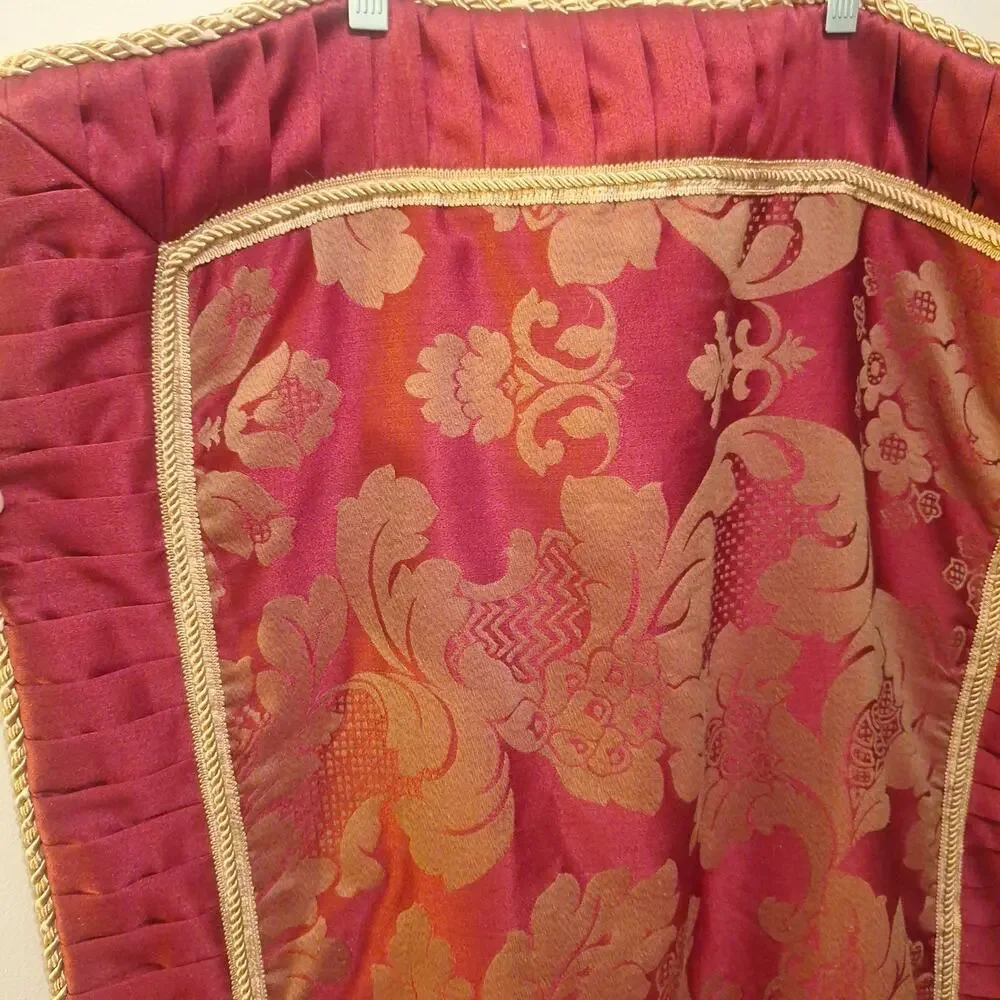 Damask Table Runner With Pleated Trim And Cord. 41 In X 24 In. Red And Gold